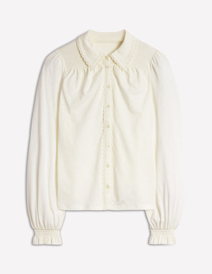 Smocked Jersey Shirt-Ivory-5