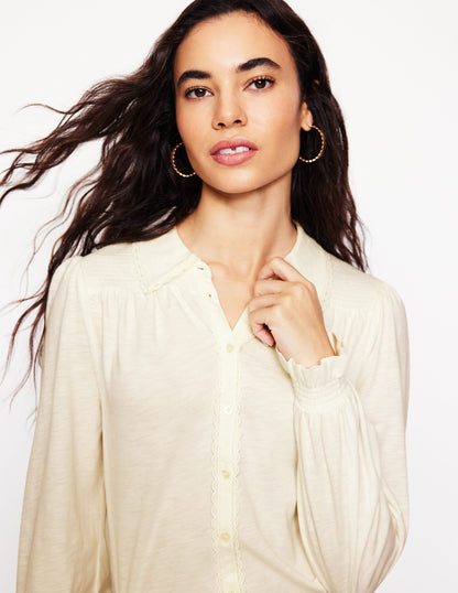 Smocked Jersey Shirt-Ivory-1