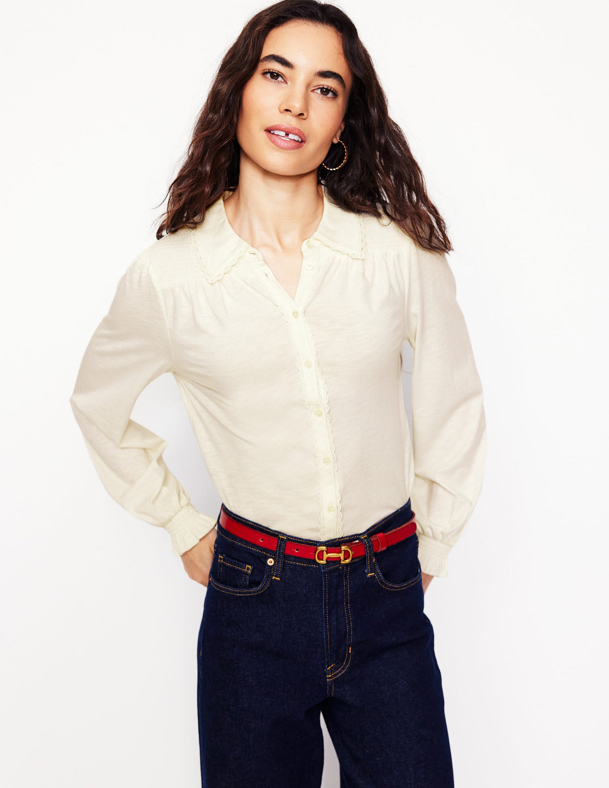 Smocked Jersey Shirt-Ivory - Image 2