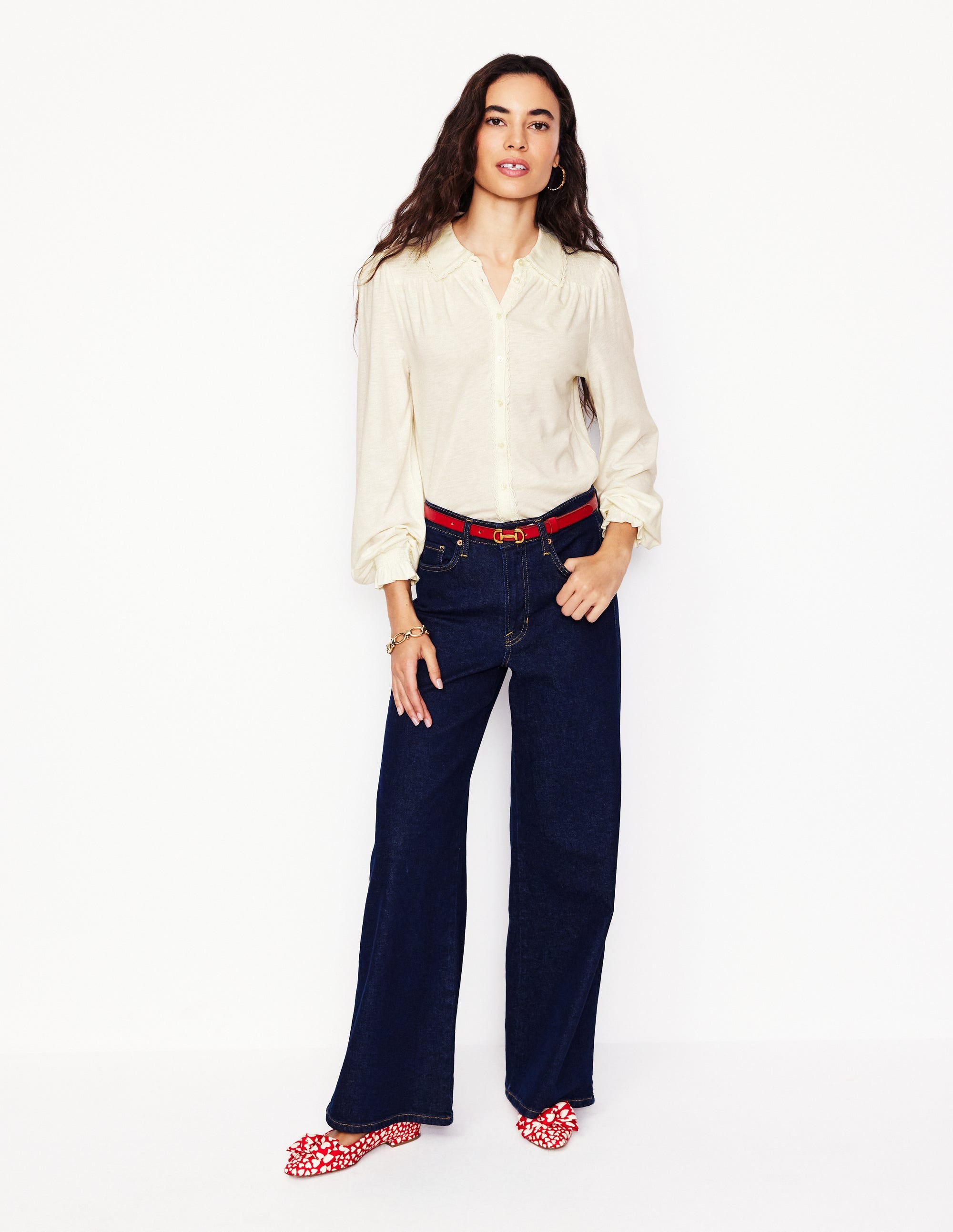 Smocked Jersey Shirt-Ivory - Image 4