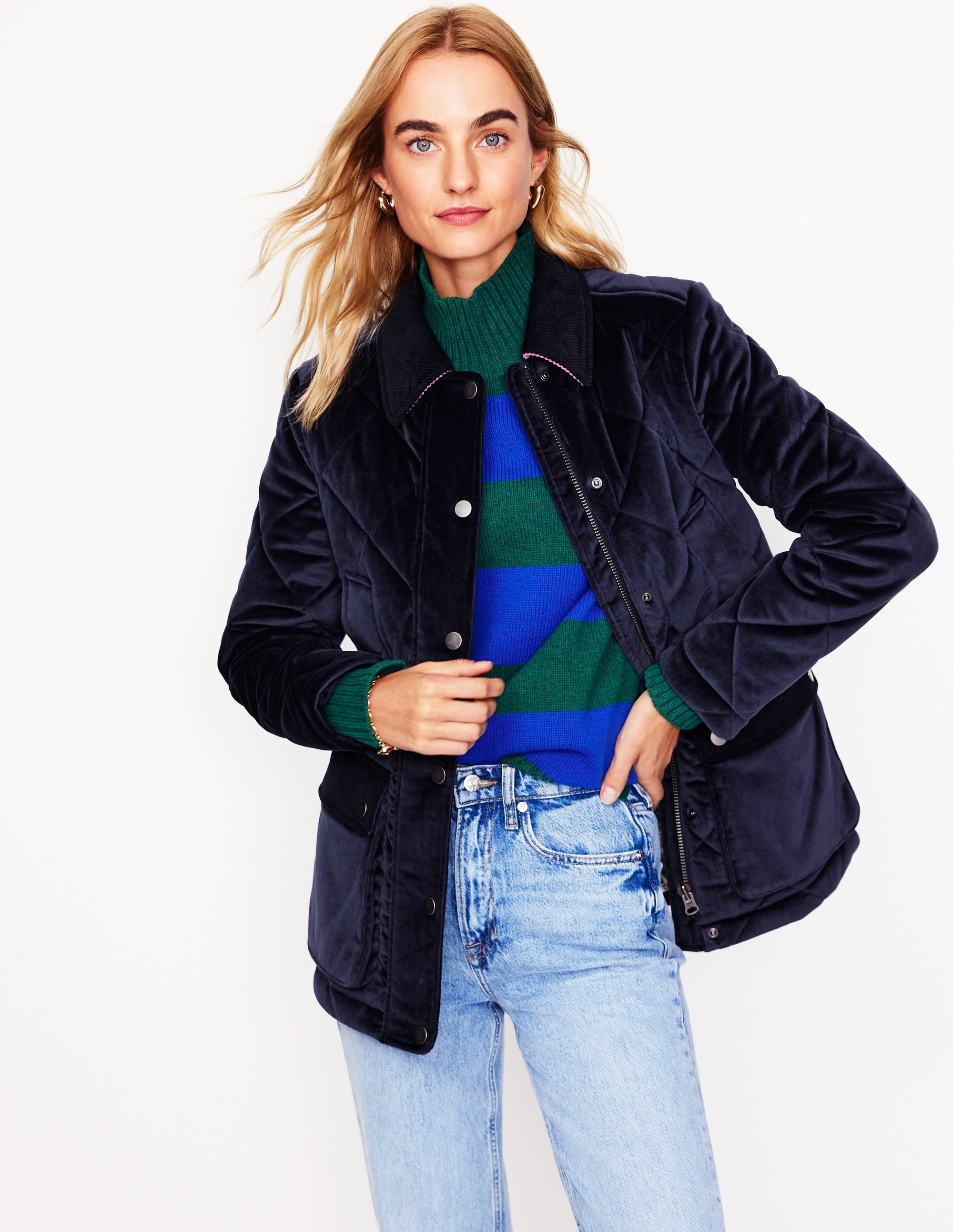 Quilted Velvet Jacket-Navy - Image 1