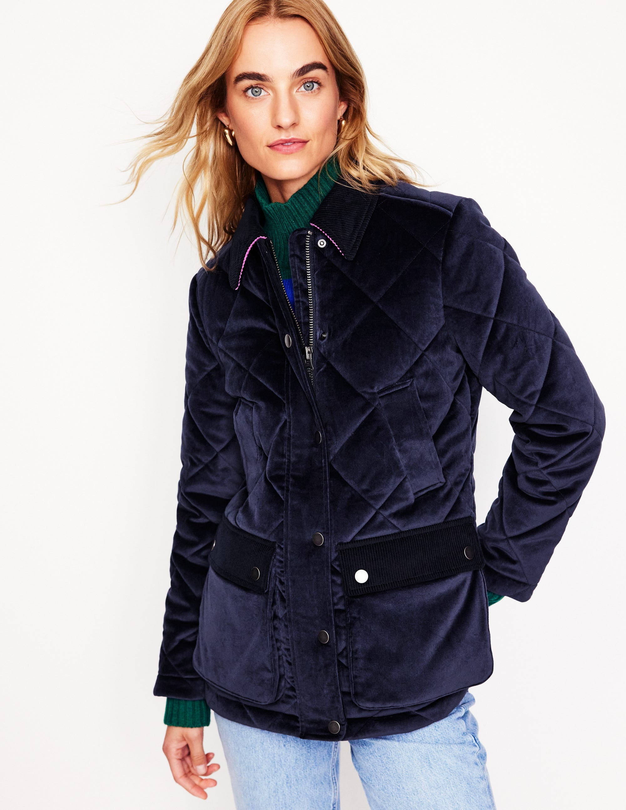 Quilted Velvet Jacket-Navy - Image 4