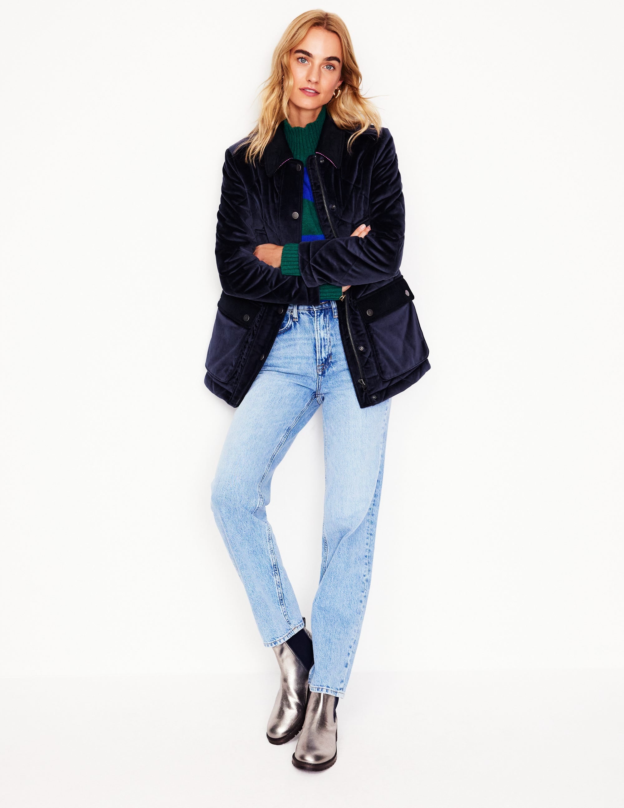 Quilted Velvet Jacket-Navy - Image 5