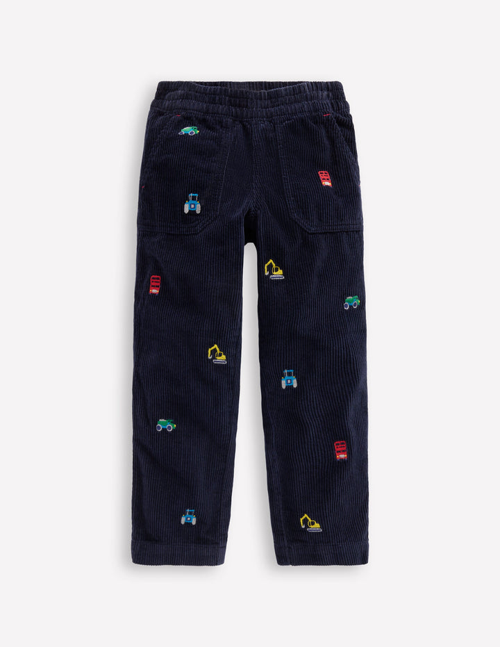 Pull-on Cord Trousers-Construction Embroidery