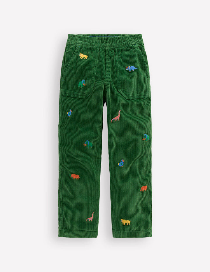Pull-on Cord Trousers-Prehistoric Animals Embroidery