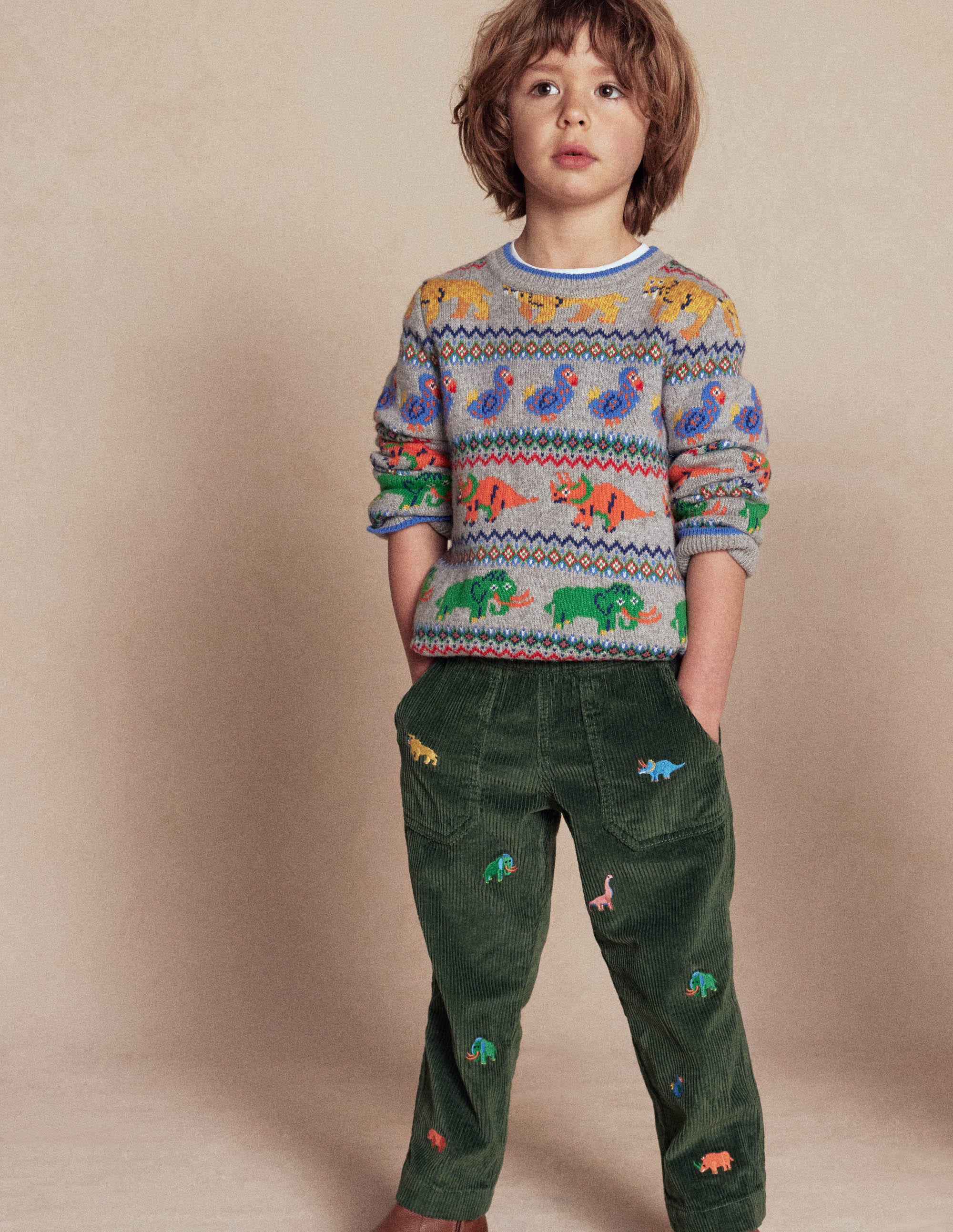 Pull-on Cord Trousers-Prehistoric Animals Embroidery - Image 4