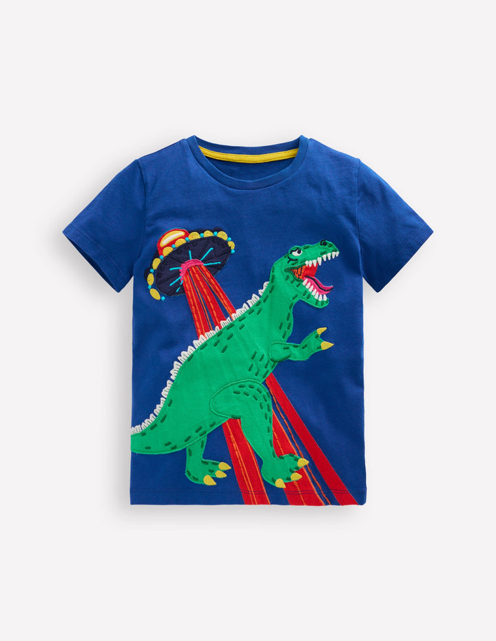 Short Sleeve Appliqué T-shirt-Dino Space