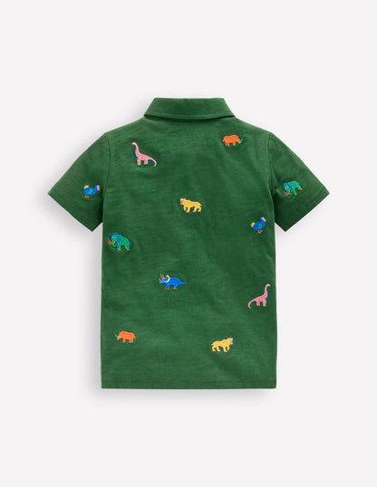 Embroidered Slub Polo Shirt-Prehistoric Animals Embroidery-2
