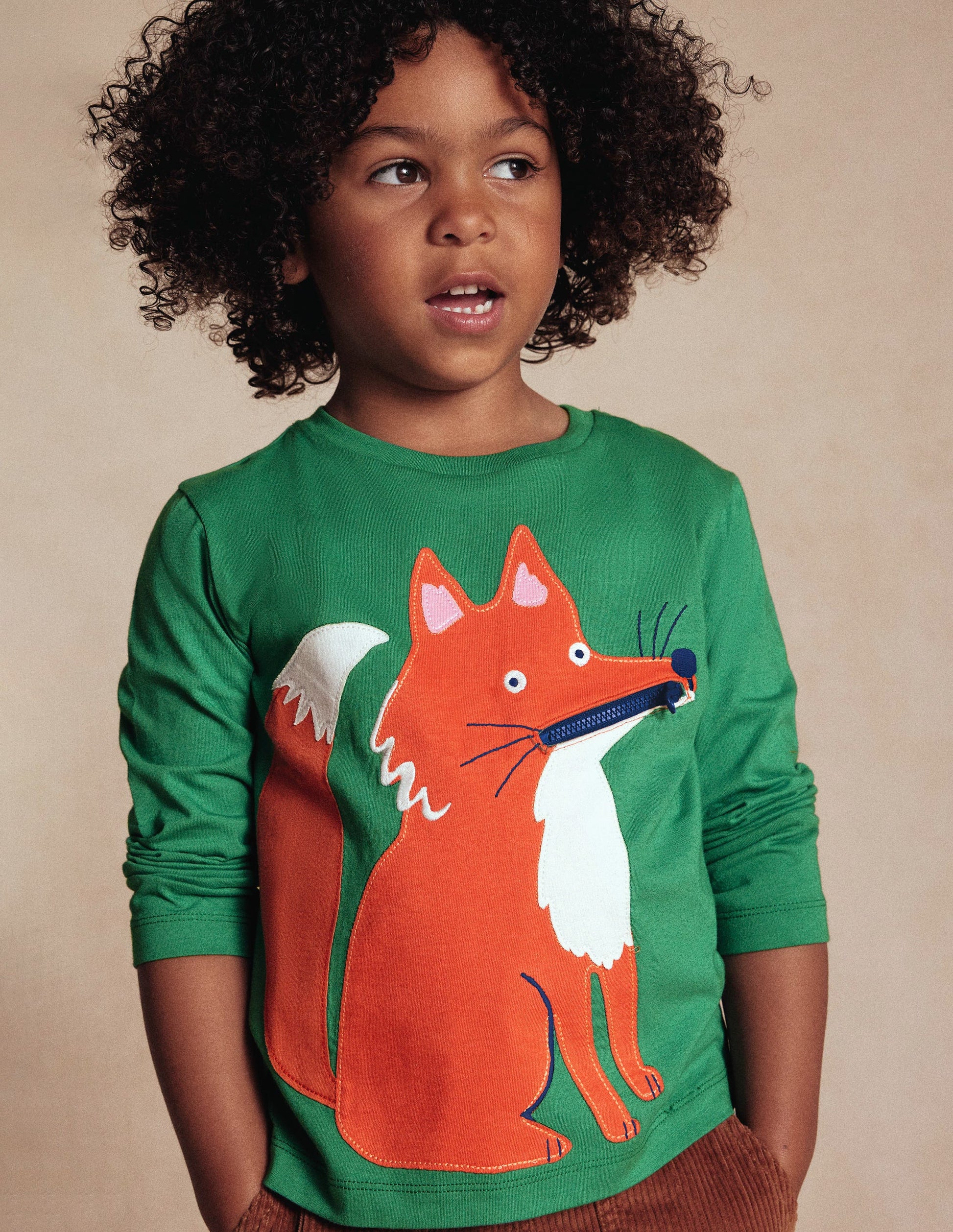 Zip Detail Appliqué T-shirt-Shady Green Fox-4