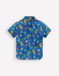 Cotton Linen Shirt-Bright Blue Tropical Print
