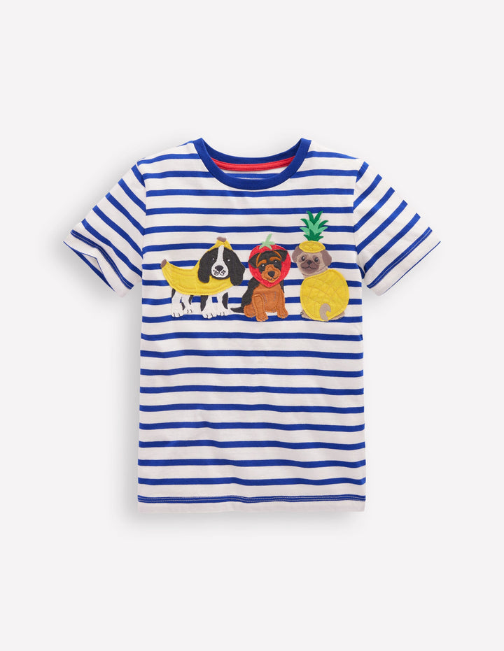 Short Sleeve Appliqué T-shirt-Bright Blue Stripe Fruit Dogs