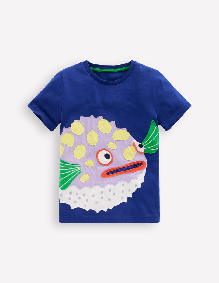 Zip Applique T-shirt-Bright Blue Puffer