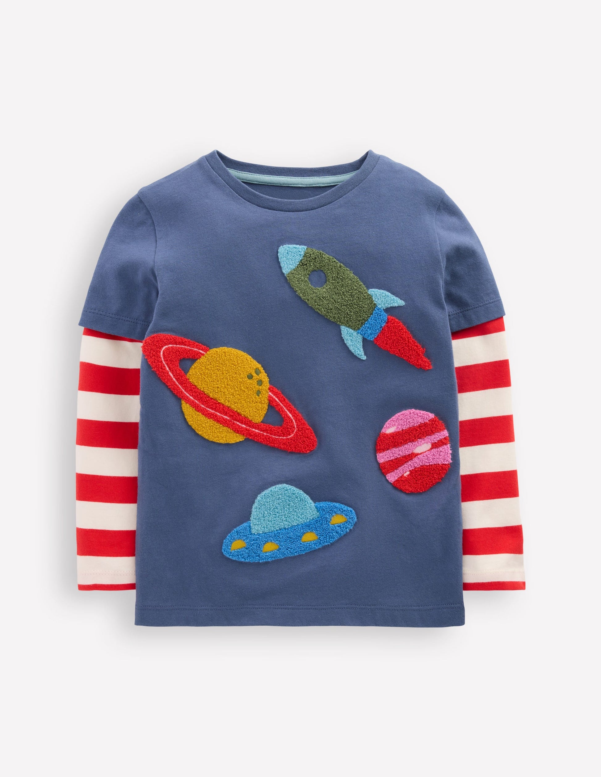 Applique Mock Sleeve T-Shirt-Robot Blue Space-1