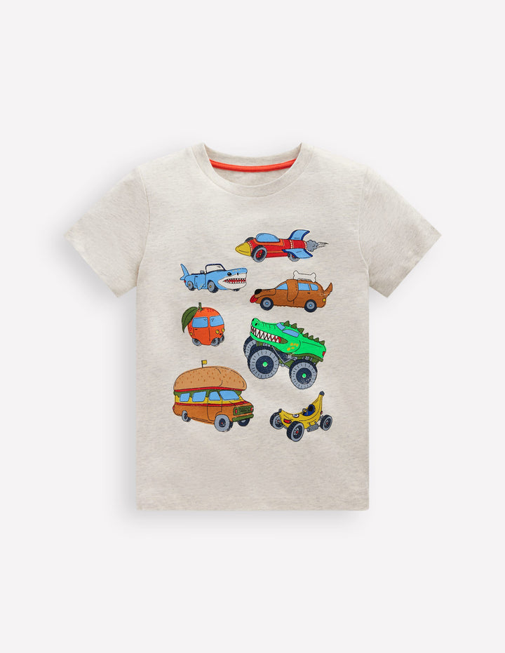 Short Sleeve Graphic T-shirt-Oatmeal Marl Silly Vehicles