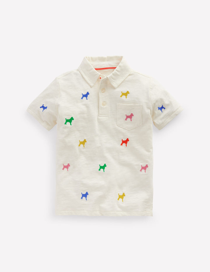 Embroidered Slub Polo Shirt-Ivory Rainbow Janet