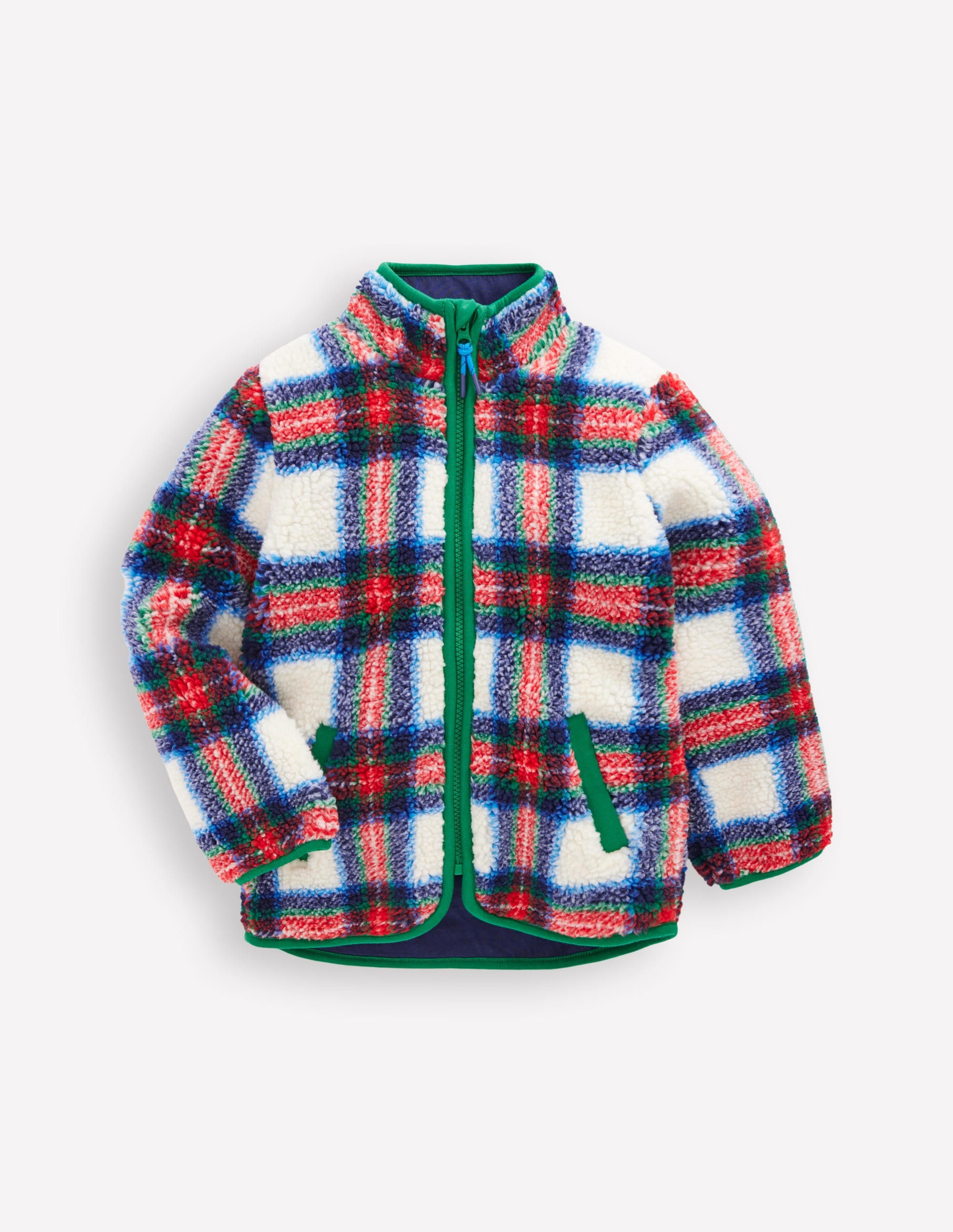 Cosy Borg Jacket-Ivory, Blue and Red Check - Image 1