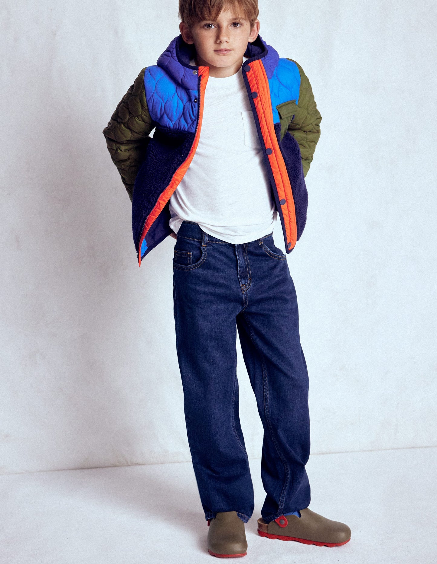 Quilted Borg Jacket-Classic Khaki Colourblock