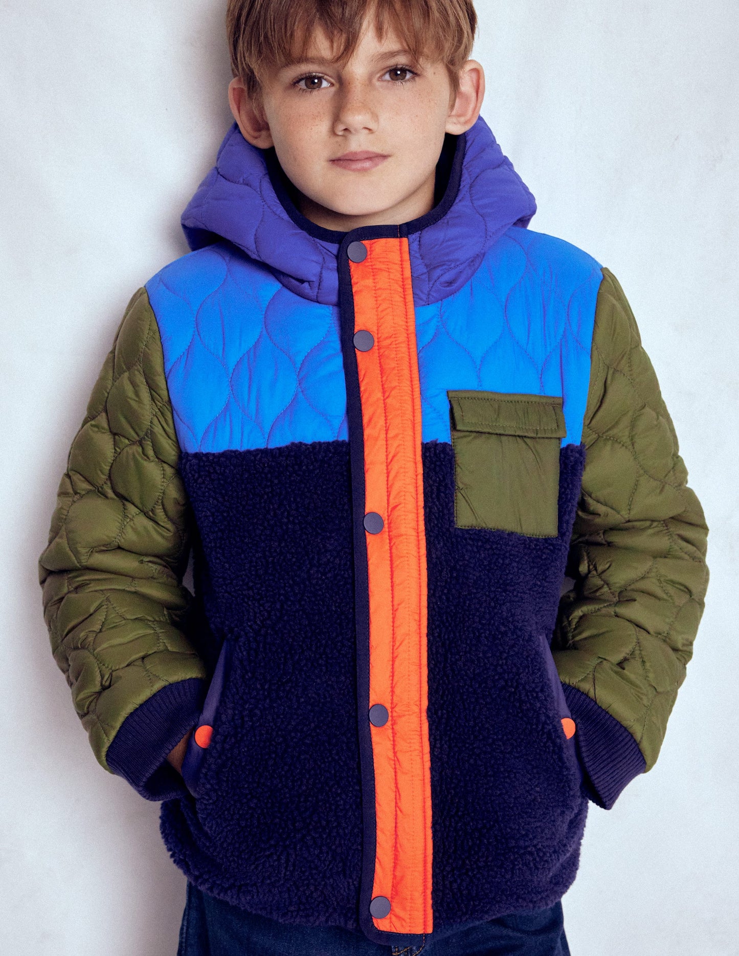 Quilted Borg Jacket-Classic Khaki Colourblock