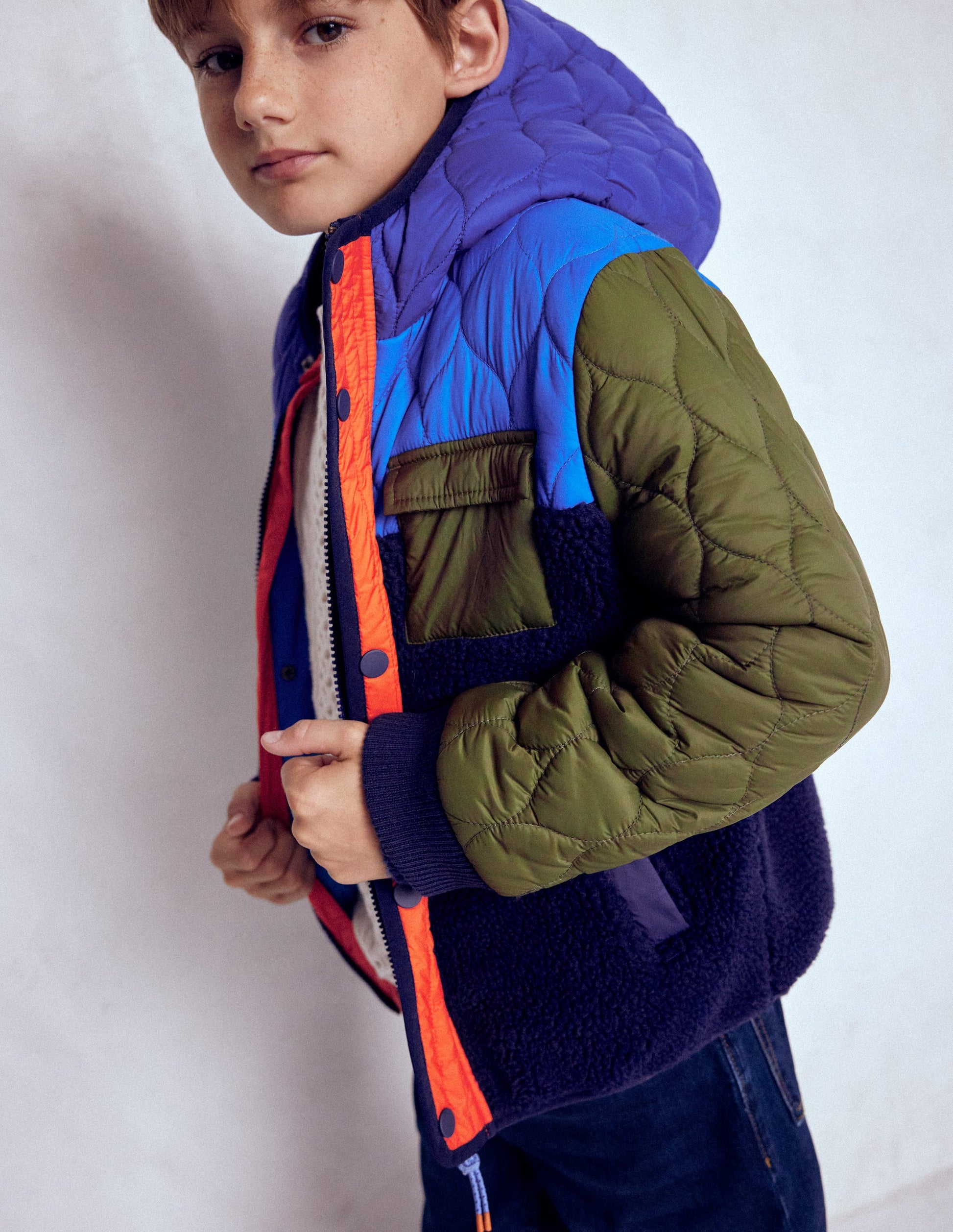 Quilted Borg Jacket-Classic Khaki Colourblock-3