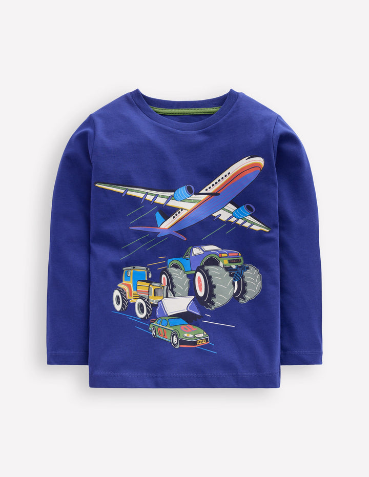 Long Sleeve Printed T-shirt-Sapphire Blue Vehicles