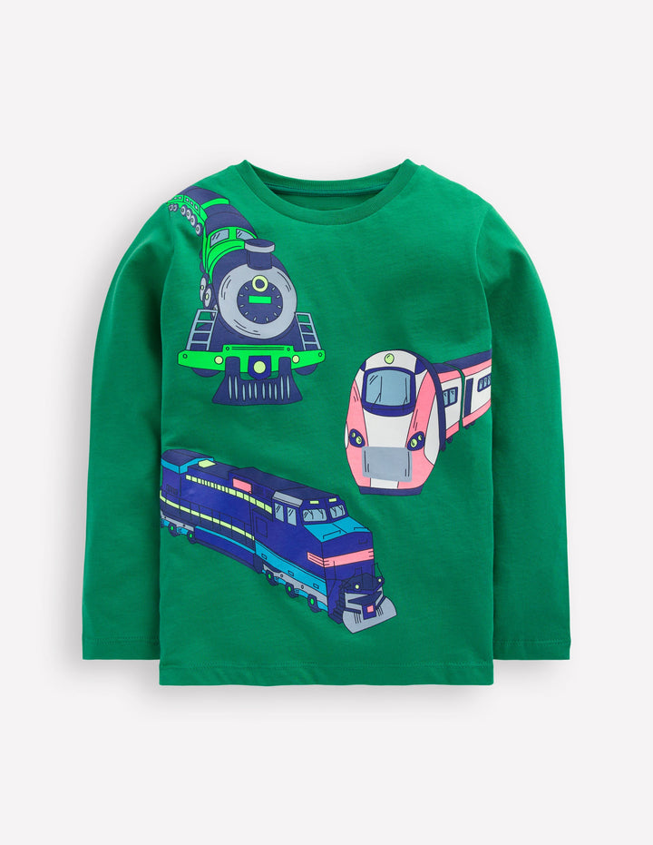 Long Sleeve Printed T-shirt-Pine Green Trains