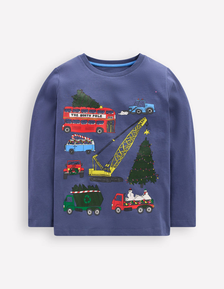 Long Sleeve Printed T-shirt-Christmas Vehicles