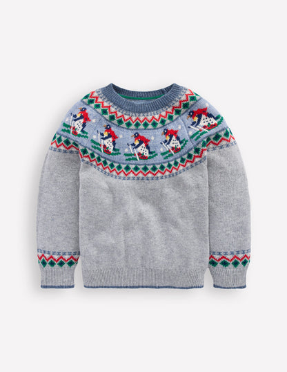 Fair Isle Jumper-Grey Marl Skiing Penguins-1