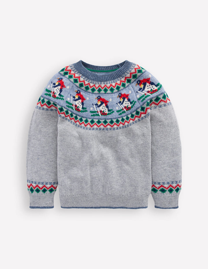 Fair Isle Jumper-Grey Marl Skiing Penguins