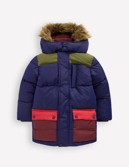 Fleece Lined Padded Coat-Navy Colourblock-1