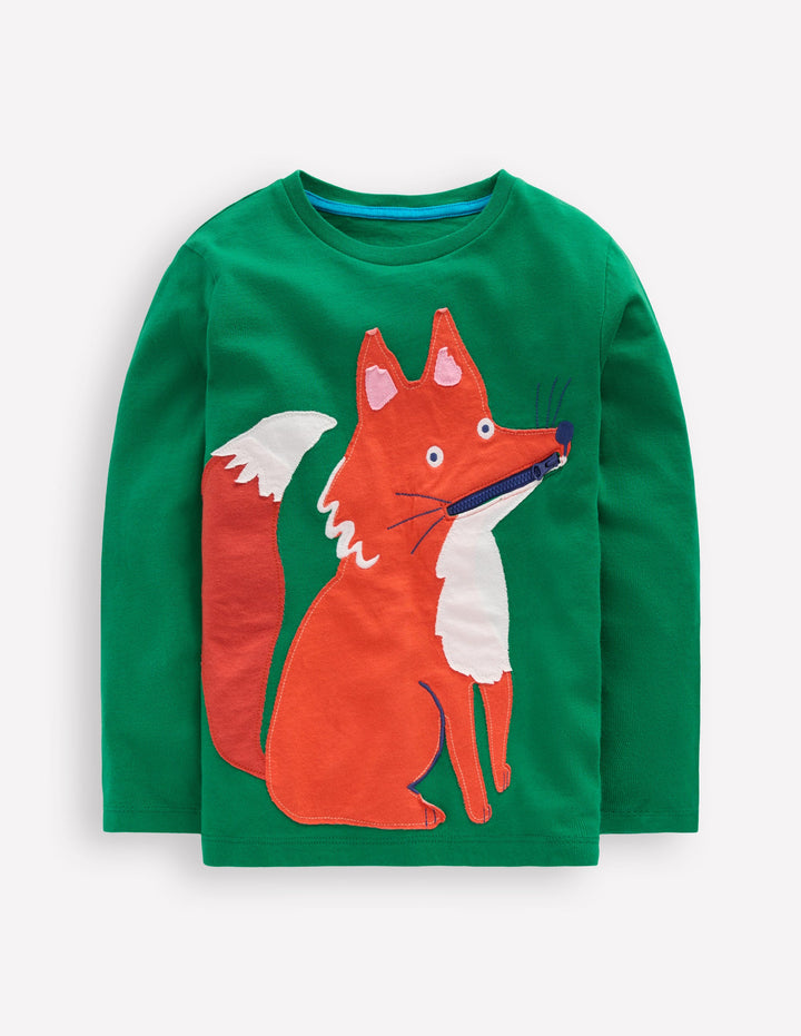 Zip Detail Appliqué T-shirt-Shady Green Fox
