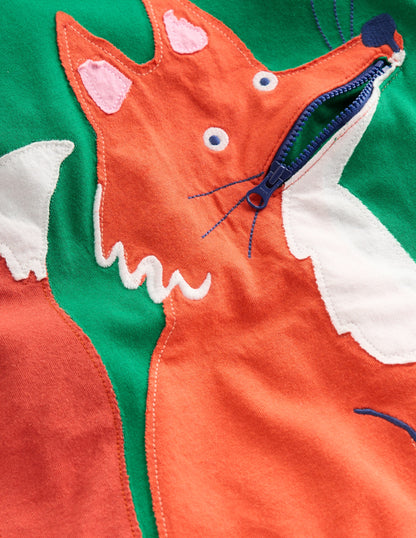 Zip Detail Appliqué T-shirt-Shady Green Fox-3