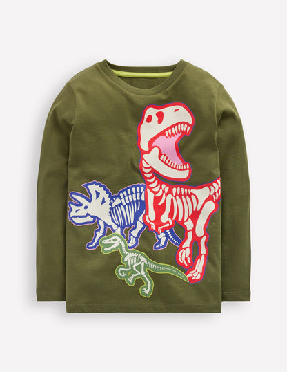 Long Sleeve Glow T-shirt-Winter Moss Dino Skeletons-1