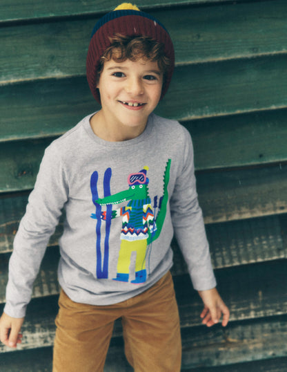 Long Sleeve Novelty T-shirt-Grey Marl Skiing Croc-4