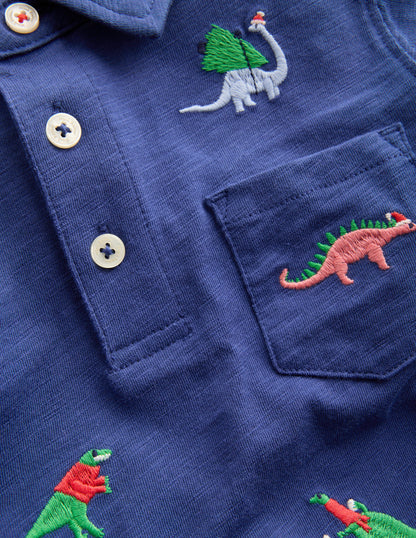 Embroidered Slub Polo Shirt-Starboard Blue Dino-3
