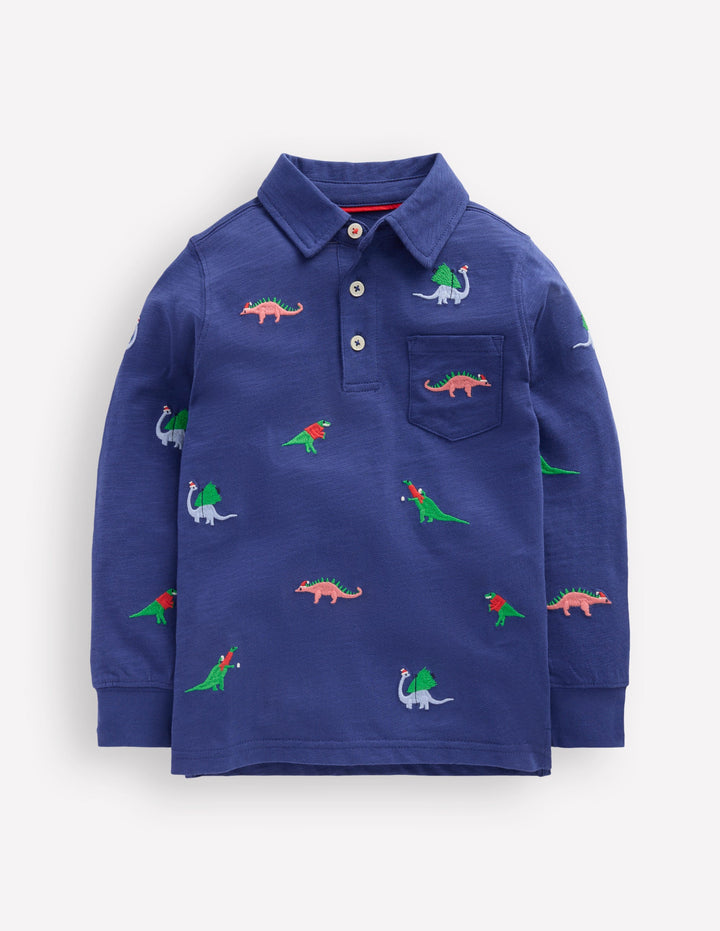 Embroidered Slub Polo Shirt-Starboard Blue Dino