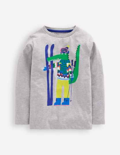 Long Sleeve Novelty T-shirt-Grey Marl Skiing Croc-1