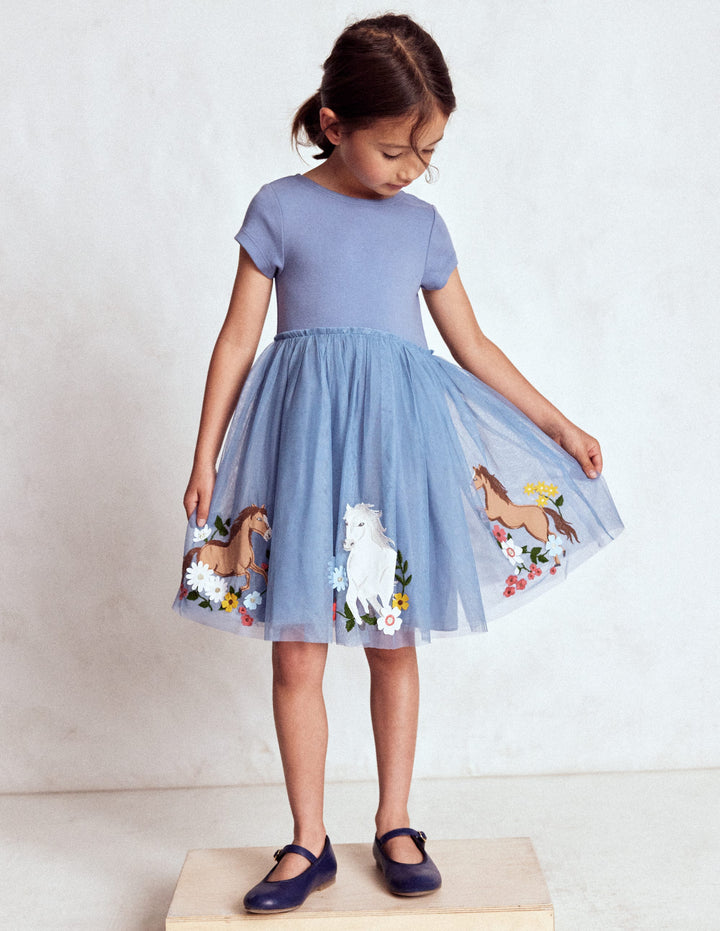 Ami Applique Tulle Dress-Pale Blue Horses