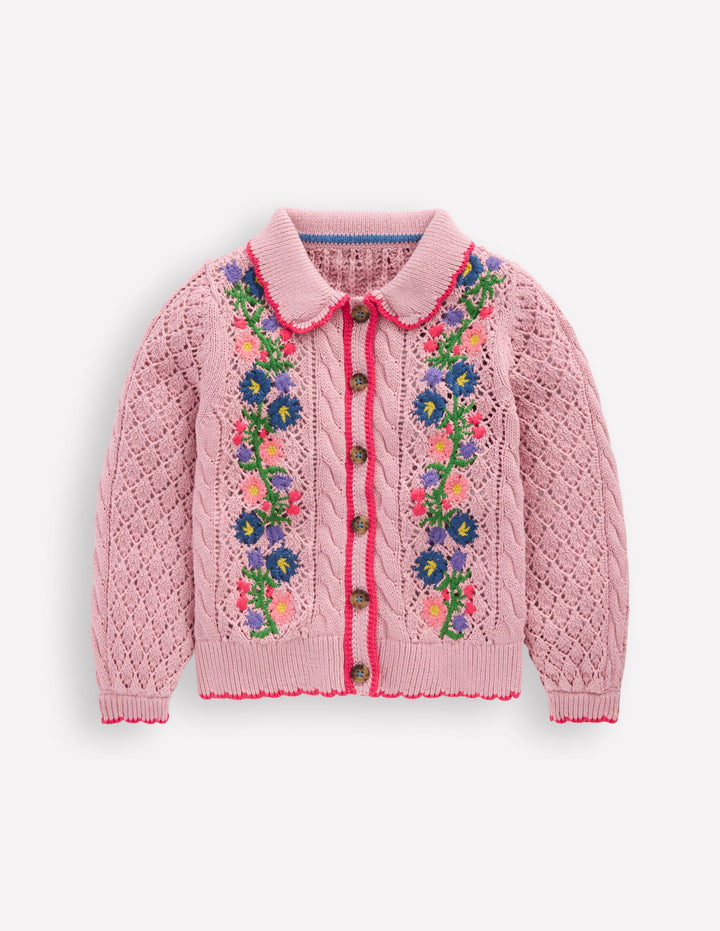 Cotton Embroidered Cardigan-Vintage Pink