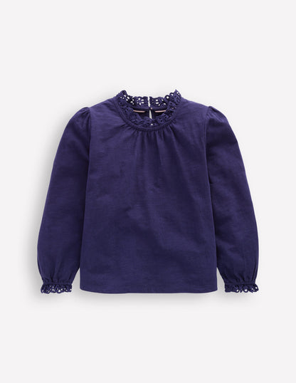 Broderie Trim Jersey Top-Starboard Blue-1