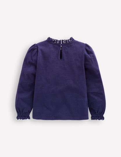 Broderie Trim Jersey Top-Starboard Blue-2