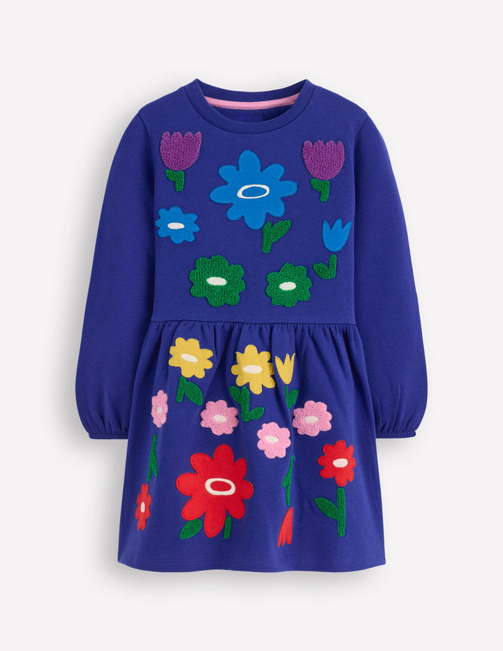 Applique Sweatshirt Dress-Sapphire Blue Flowers