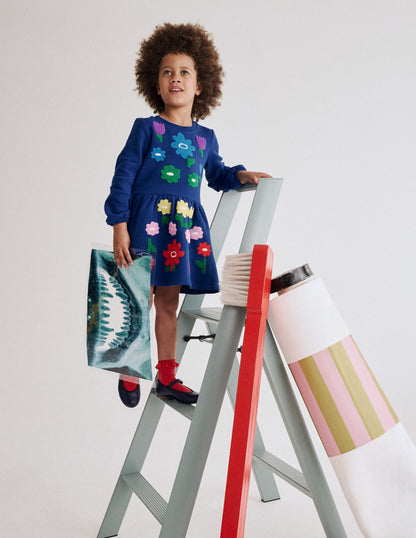 Applique Sweatshirt Dress-Sapphire Blue Flowers-4