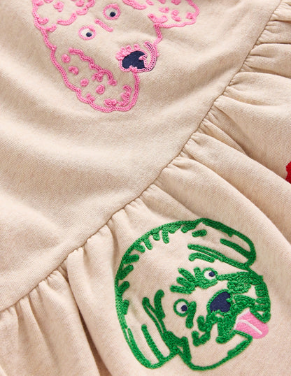 Applique Sweatshirt Dress-Oatmeal Dog faces-3