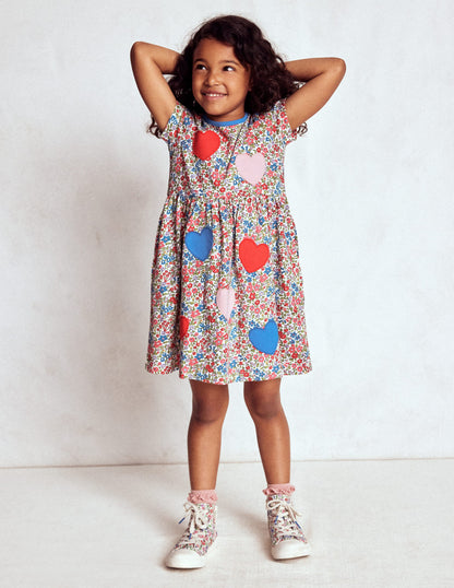 Appliqué  T-shirt Dress-Rose Pink Flowerbed Hearts-3