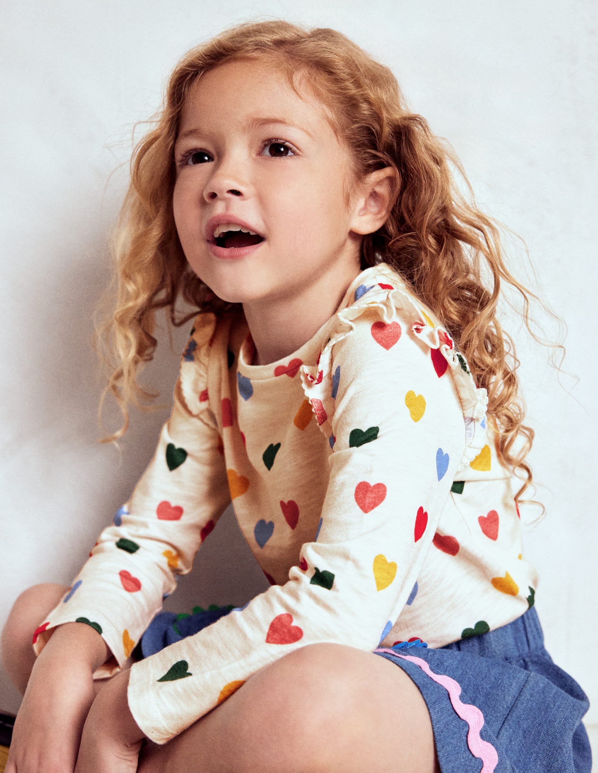 Frill Sleeve Slub Top-Rainbow Hearts - Image 1
