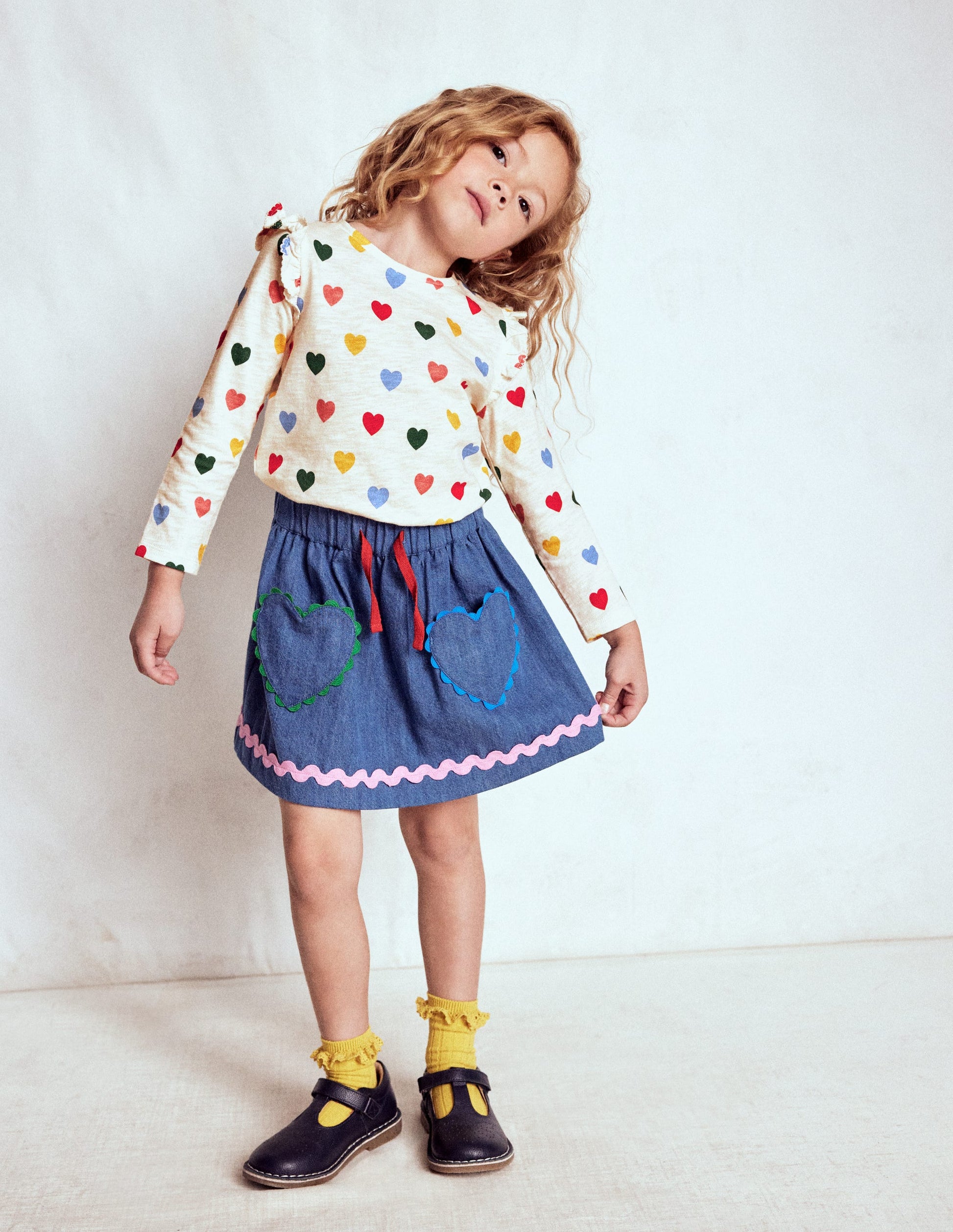 Frill Sleeve Slub Top-Rainbow Hearts-2