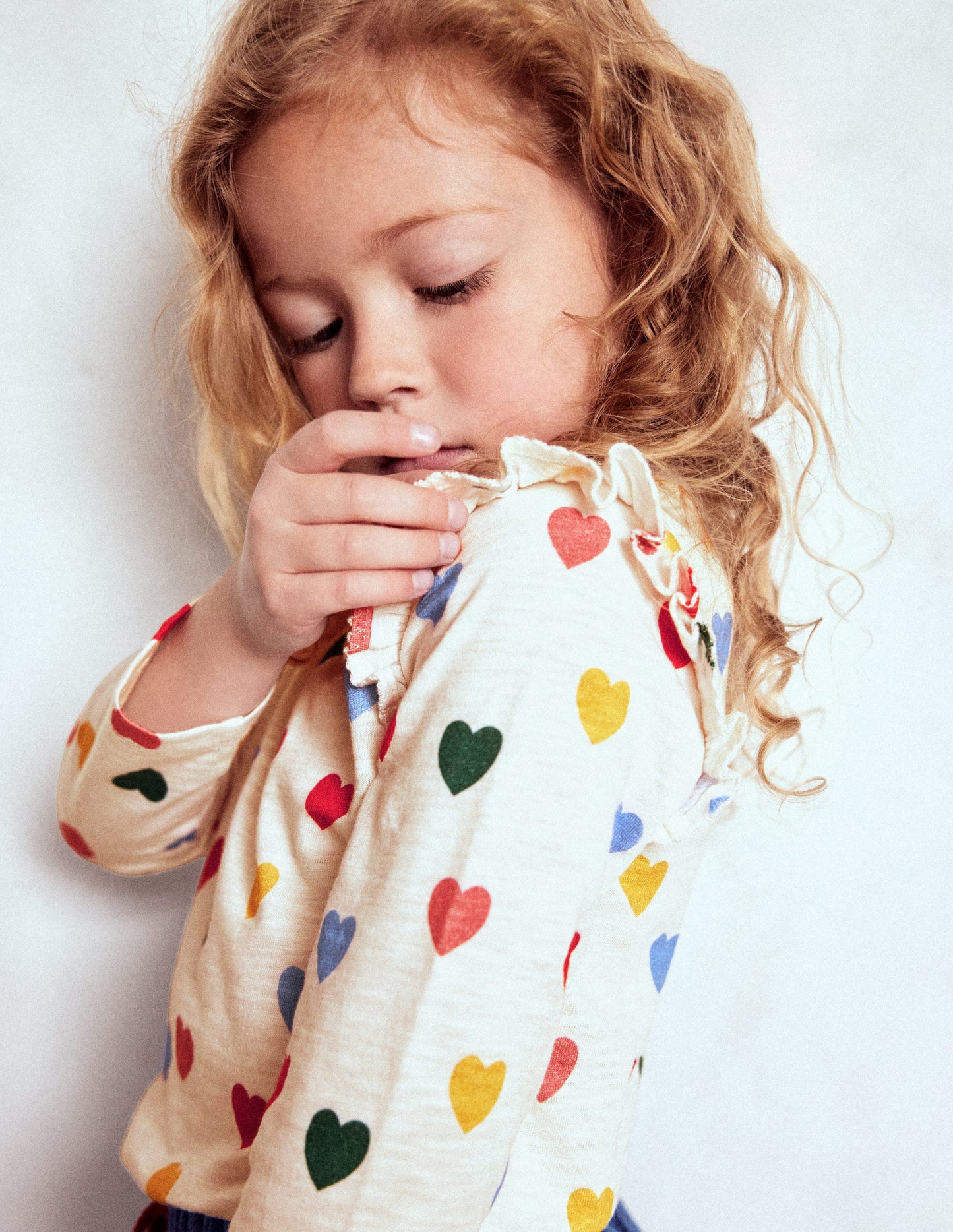 Frill Sleeve Slub Top-Rainbow Hearts