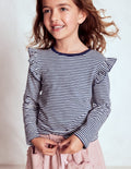 Frill Sleeve Slub Top-Soft Ivory/College Navy