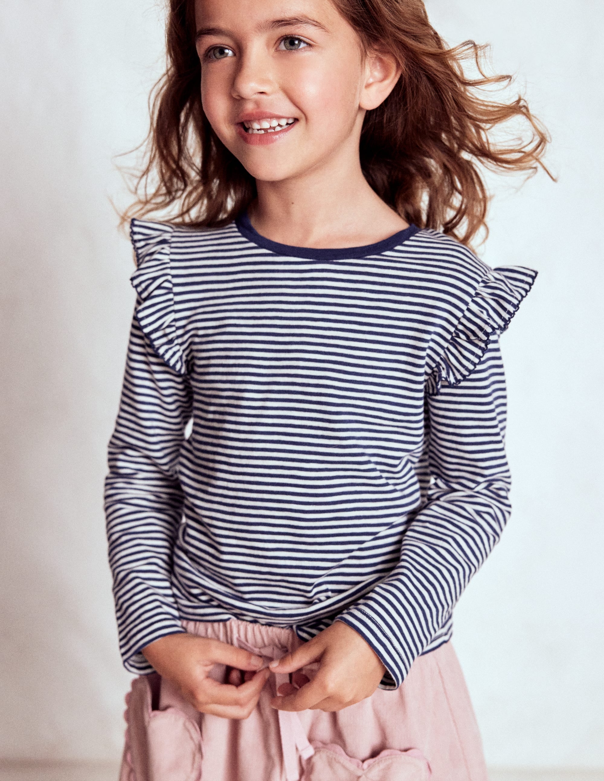 Frill Sleeve Slub Top-Soft Ivory/College Navy - Image 1