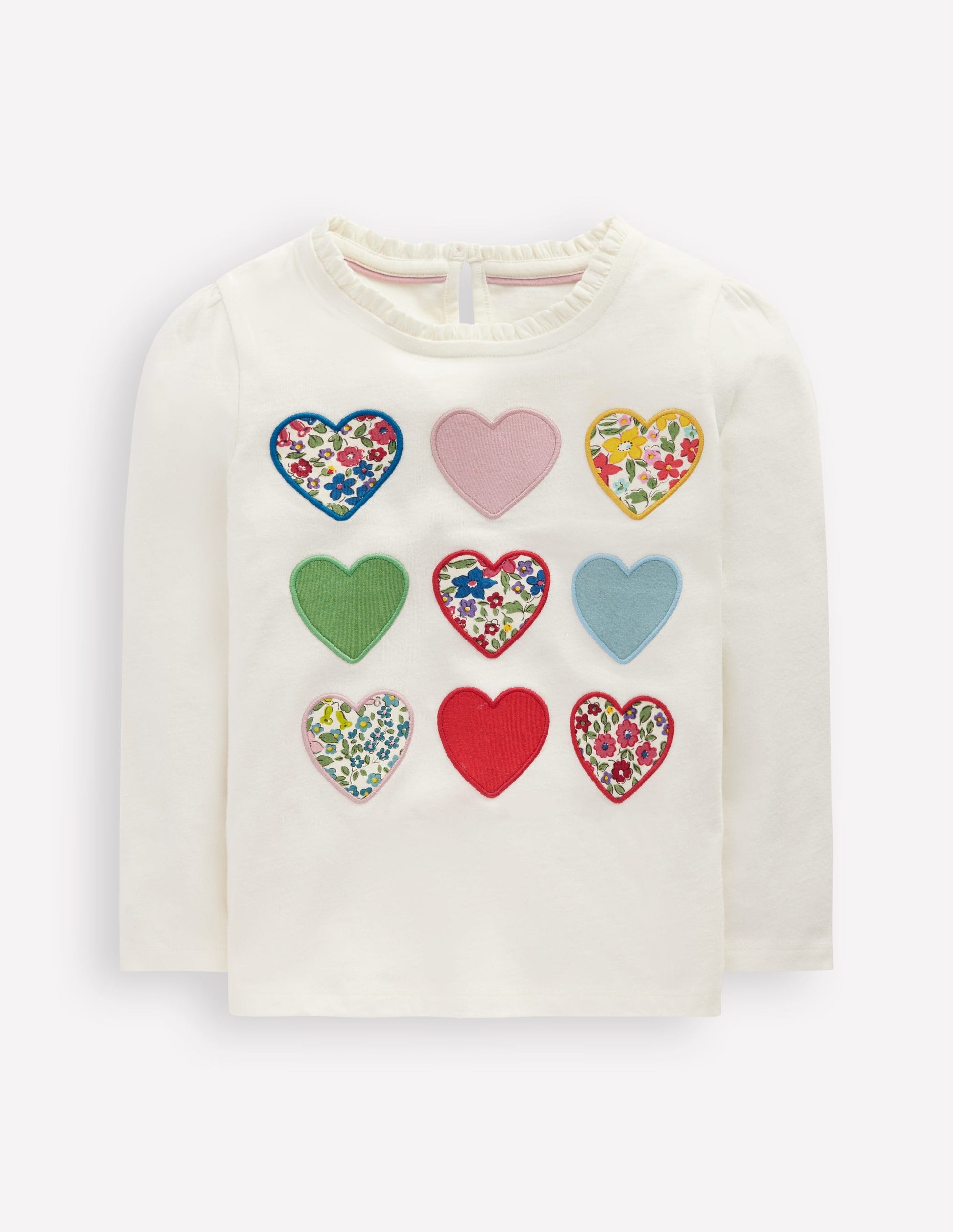 Frill Neck Appliqué T-shirt-Soft Ivory Hearts-1